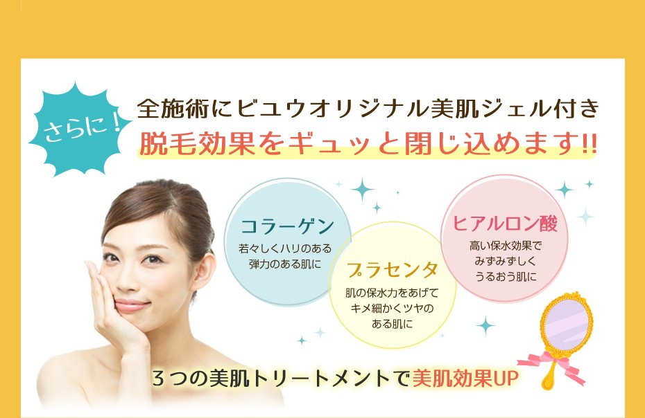 全施術にビユウオリジナル美肌ジェル付き脱毛効果をギュッと閉じ込めます!!